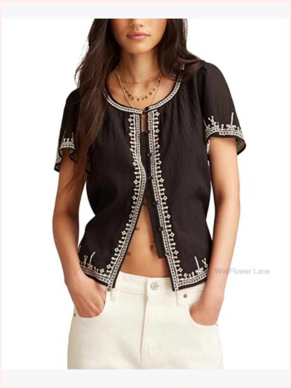 Embroidered Button Front Blouse, Cap Sleeve Blouse, Regular Fit, Machine - Picture 2 of 4